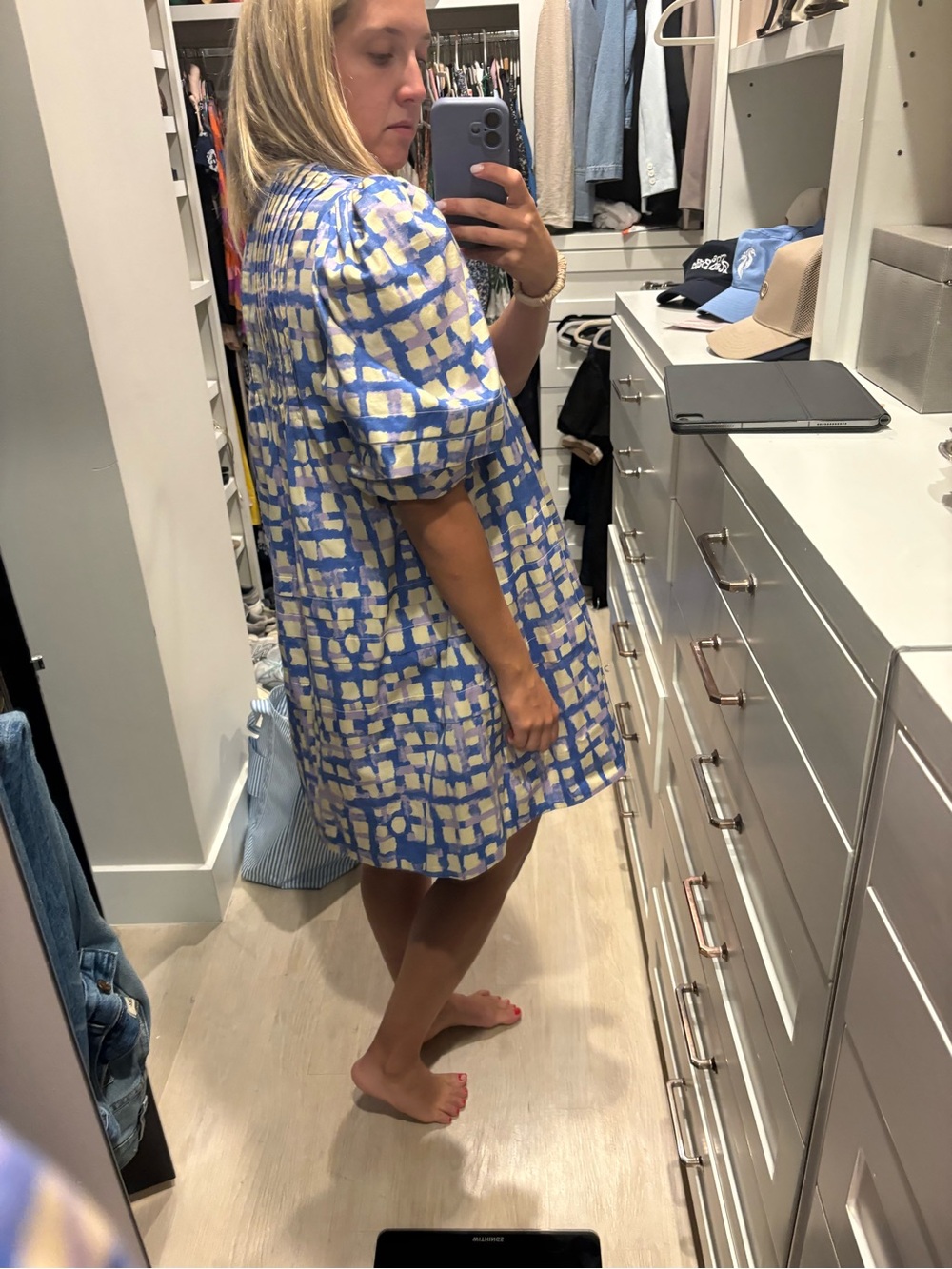 HUNTER BELL Blue and Cream Puff-Sleeve Mini Dress - Picture 3 of 4